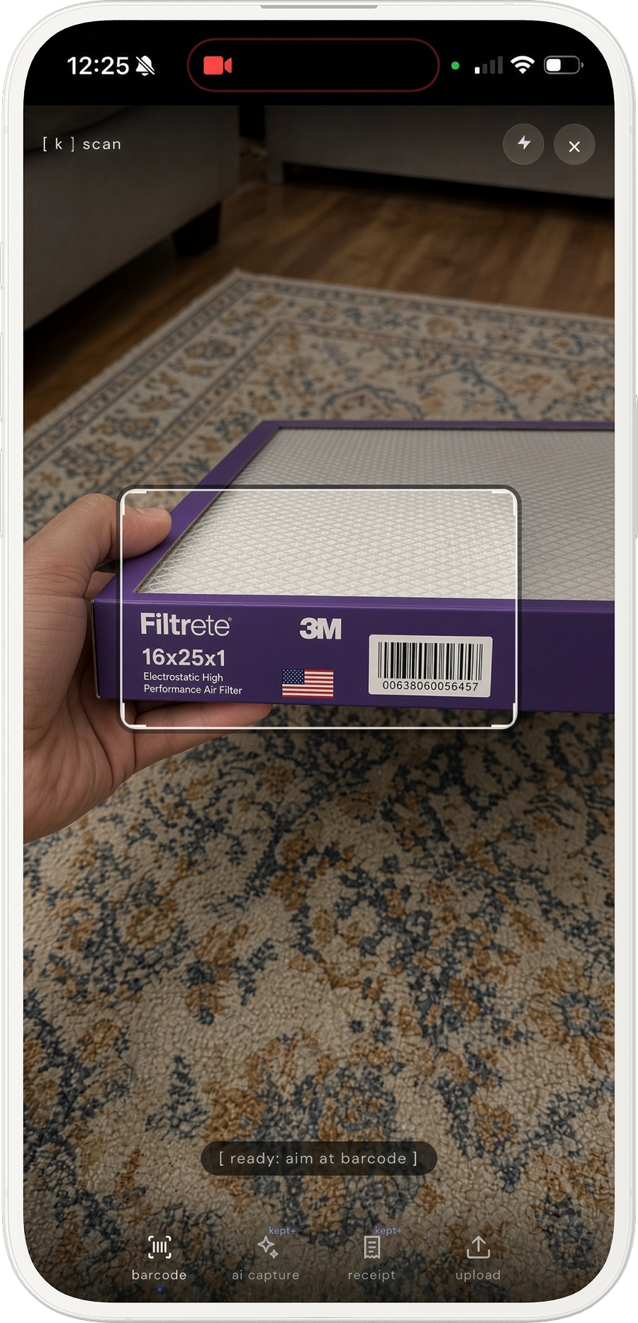 kept scanner reading a barcode on a furnace filter box