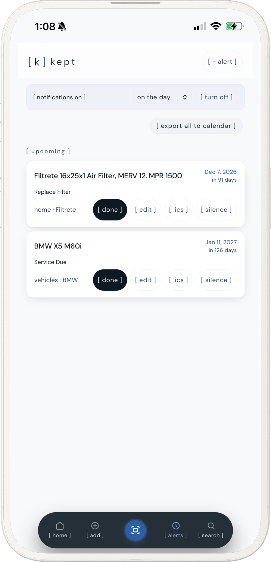 kept alerts screen showing what is due and what was recalled