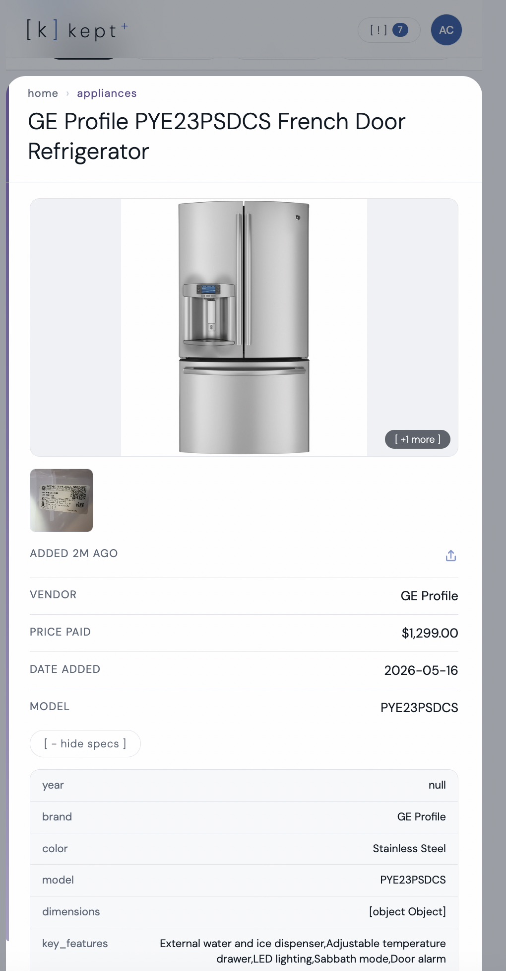 kept app item detail showing GE Profile French Door Refrigerator PYE23PSDCS with model number, specs, color stainless steel, and purchase price $1299 saved