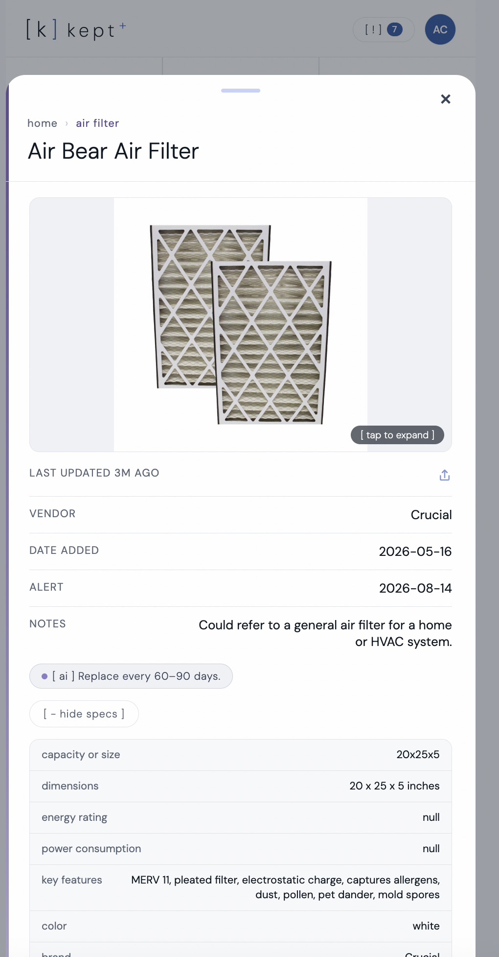 kept app item detail screen showing Air Bear HVAC filter size 20x25x5 with vendor Crucial, replacement reminder set, and MERV 11 specs
